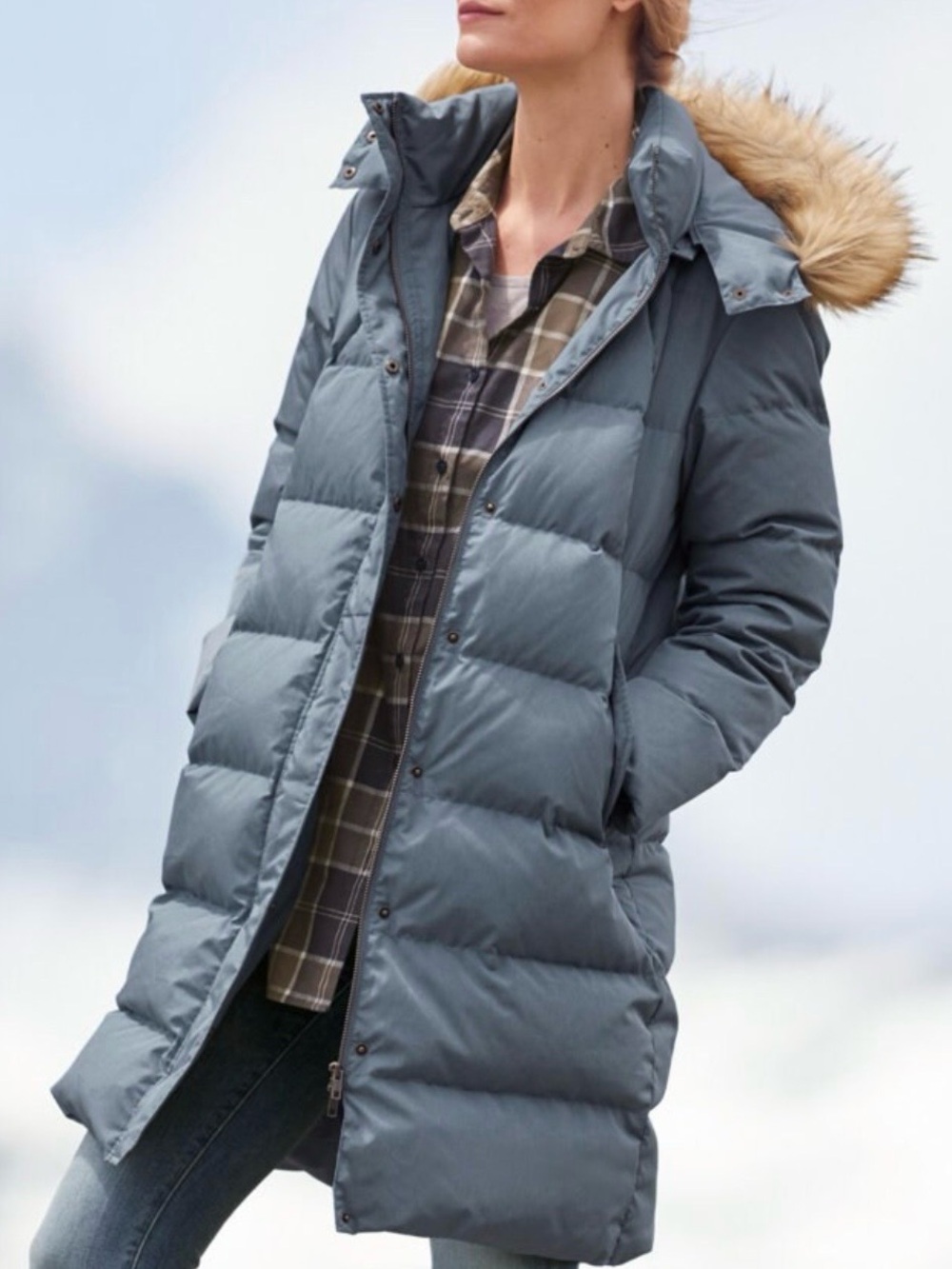 New Garnet Hill down Long Puffer Coat with Faux Fur Hood Slate Blue 10 ret.$225